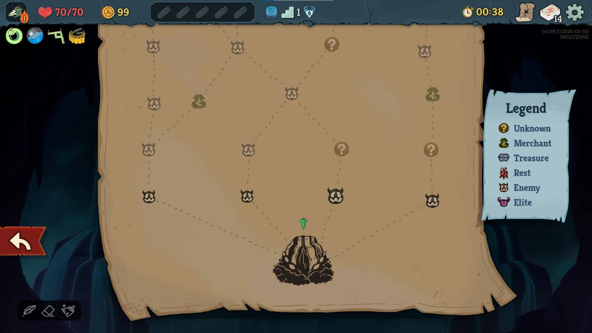The Act 1 map screen in Slay the Spire 2, showing branching paths between enemy encounters, elite fights, unknown events, merchant and rest site nodes, with the map legend visible on the right.
