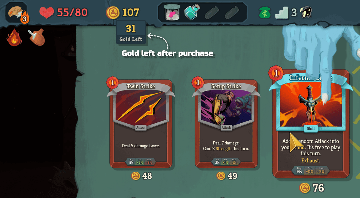 Slay the Spire 2 merchant screen showing the Untapped.gg Overlay with the "Gold Left After Purchase" feature.