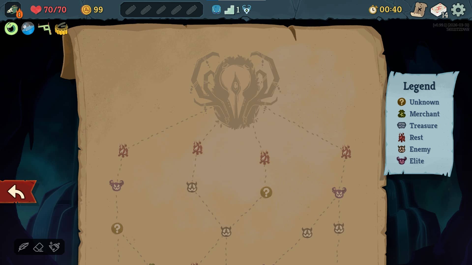 A screenshot of the Slay the Spire map screen showing a branching network of paths leading upward toward a stylized boss icon. The map contains various encounter symbols: question marks, merchants, treasure chests, rest sites, regular enemies, and elite enemies connected by dashed lines. A legend on the right explains each icon type.