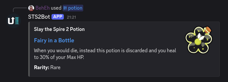 The Untapped.gg STS2Bot Discord Bot for Slay the Spire 2, showing the /potion command with Fairy in a Bottle