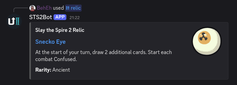 The Untapped.gg STS2Bot Discord Bot for Slay the Spire 2, showing the /relic command with Snecko Eye