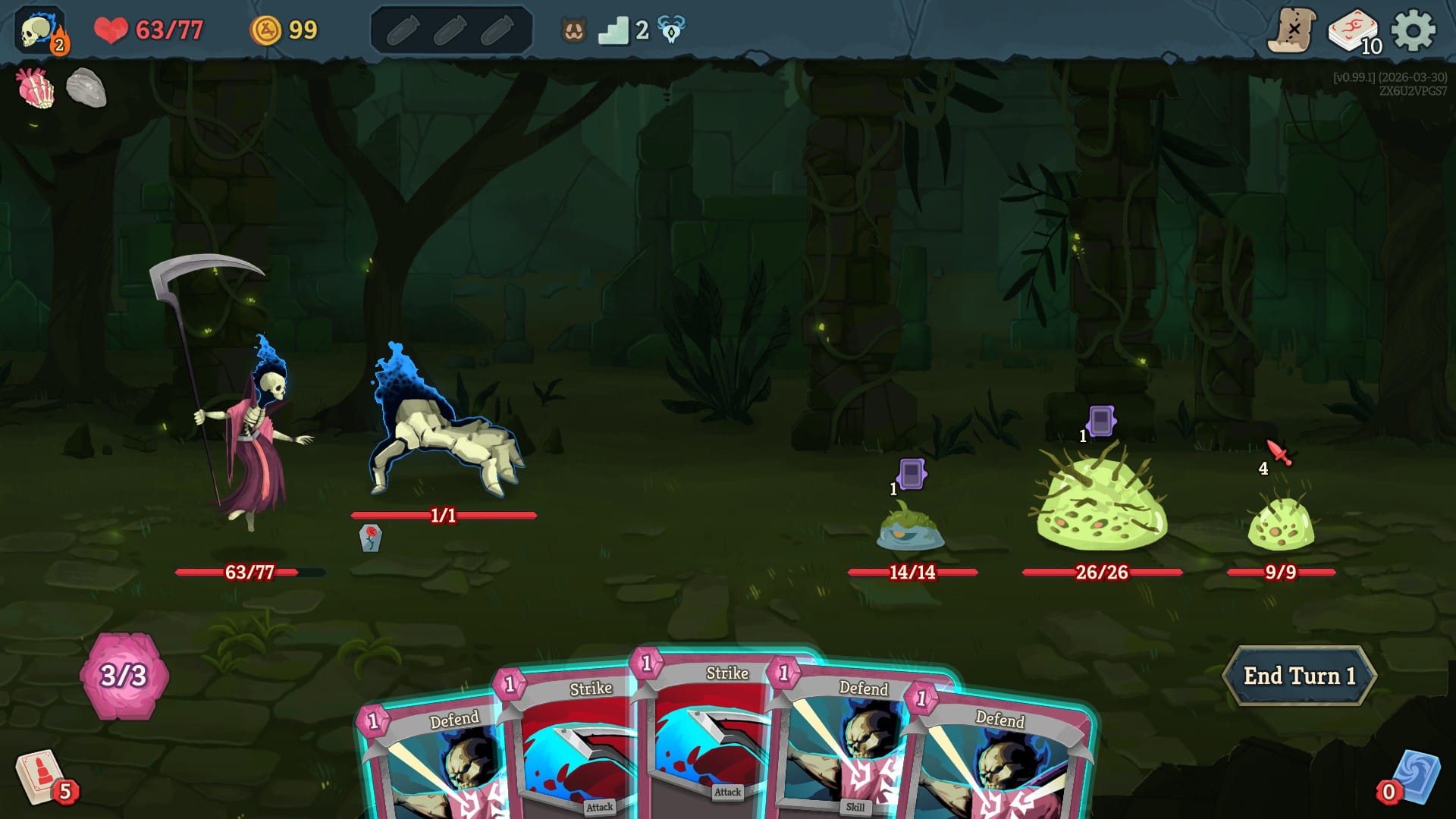 Slay the Spire 2 combat encounter on turn 1 showing three enemies with different intent indicators: a small slime with a buff icon, a larger slime with a buff icon, and a spiky enemy displaying an attack intent for 4 damage