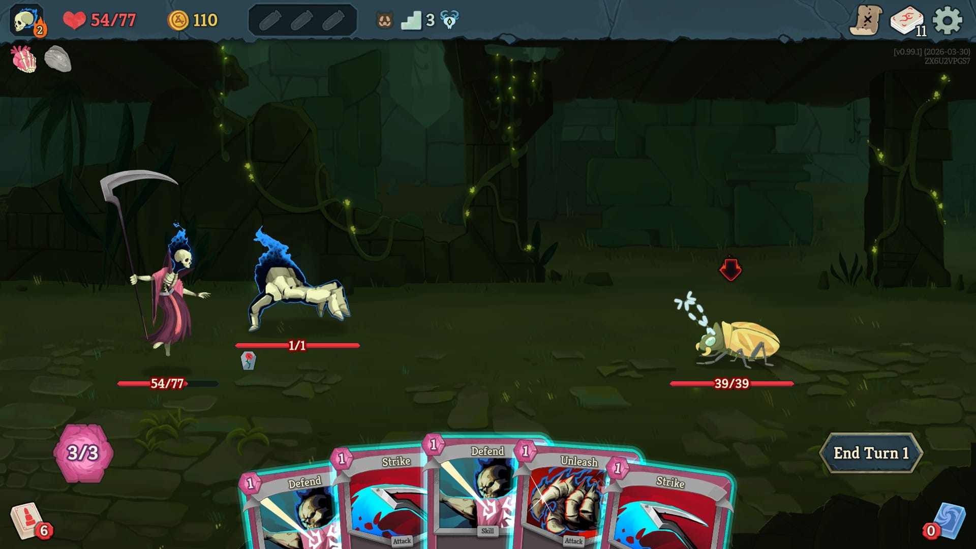 Slay the Spire 2 combat on turn 1 showing a beetle enemy with a debuff intent indicator, a red downward arrow signaling it plans to apply a negative status effect to the player's Necrobinder