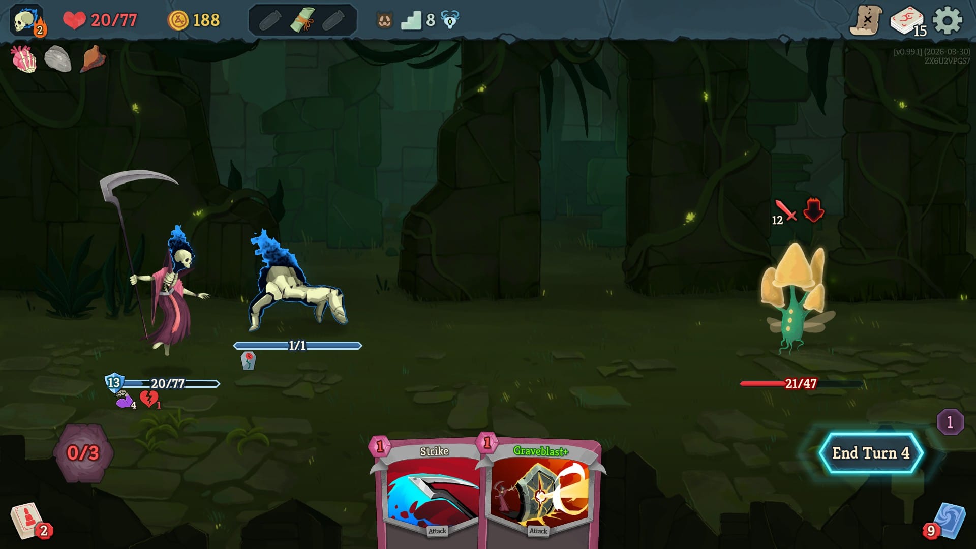 Slay the Spire 2 turn 4 combat showing a mushroom enemy with a combined attack and debuff intent, indicating 12 damage alongside a stat reduction, against the Necrobinder at low health