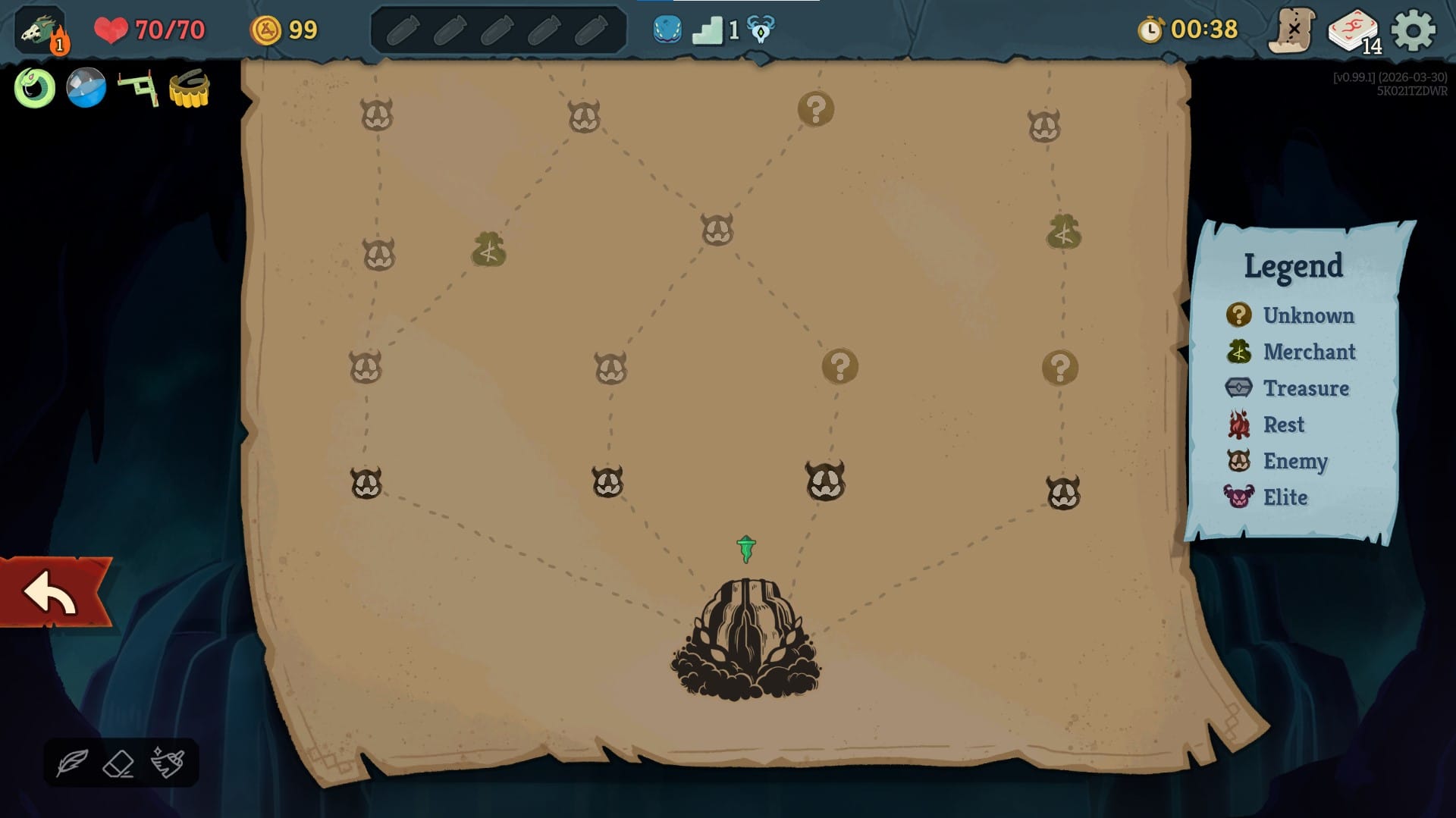 The Act 1 map screen in Slay the Spire 2, showing branching paths between enemy encounters, elite fights, unknown events, merchant and rest site nodes, with the map legend visible on the right.