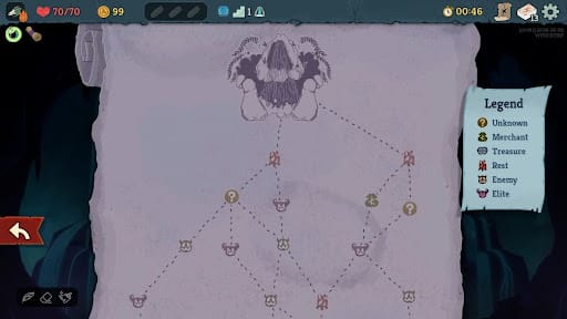 A screenshot of the Slay the Spire map screen showing a branching network of paths leading upward toward a stylized boss icon. The map contains various encounter symbols: question marks, merchants, treasure chests, rest sites, regular enemies, and elite enemies connected by dashed lines. A legend on the right explains each icon type.
