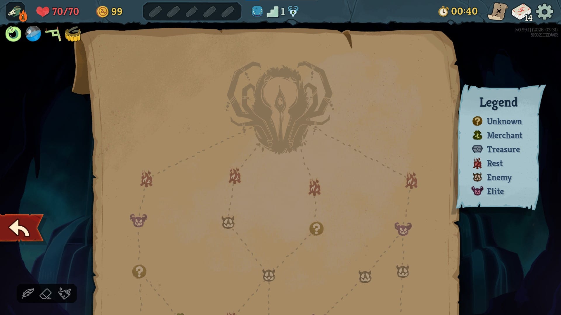 A screenshot of the Slay the Spire map screen showing a branching network of paths leading upward toward a stylized boss icon. The map contains various encounter symbols: question marks, merchants, treasure chests, rest sites, regular enemies, and elite enemies connected by dashed lines. A legend on the right explains each icon type.