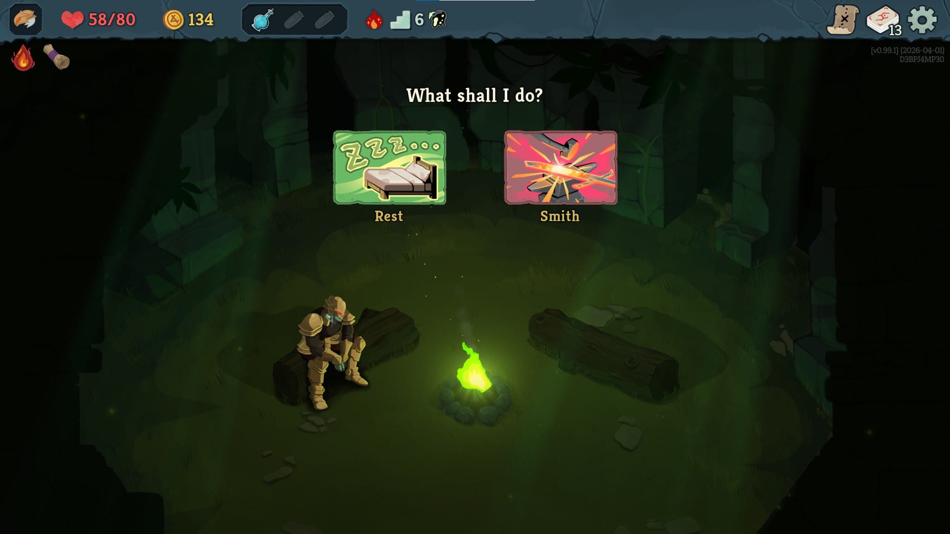 A Rest Site in Slay the Spire 2, presenting the player with the choice between Rest (healing) and Smith (upgrading a card) at the campfire as the Ironclad.