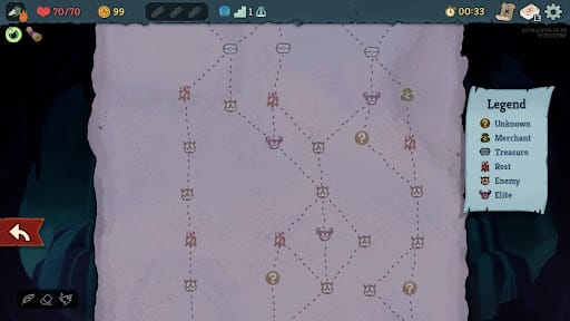 A screenshot of the map screen from the game Slay the Spire. The map shows a branching path of nodes connected by dotted lines, including icons for unknown encounters, merchants, treasure chests, rest sites, regular enemies, and elite enemies. On the right side, a legend explains each icon type. The left side is a rigid path with no choice while the right side paths are flexible.