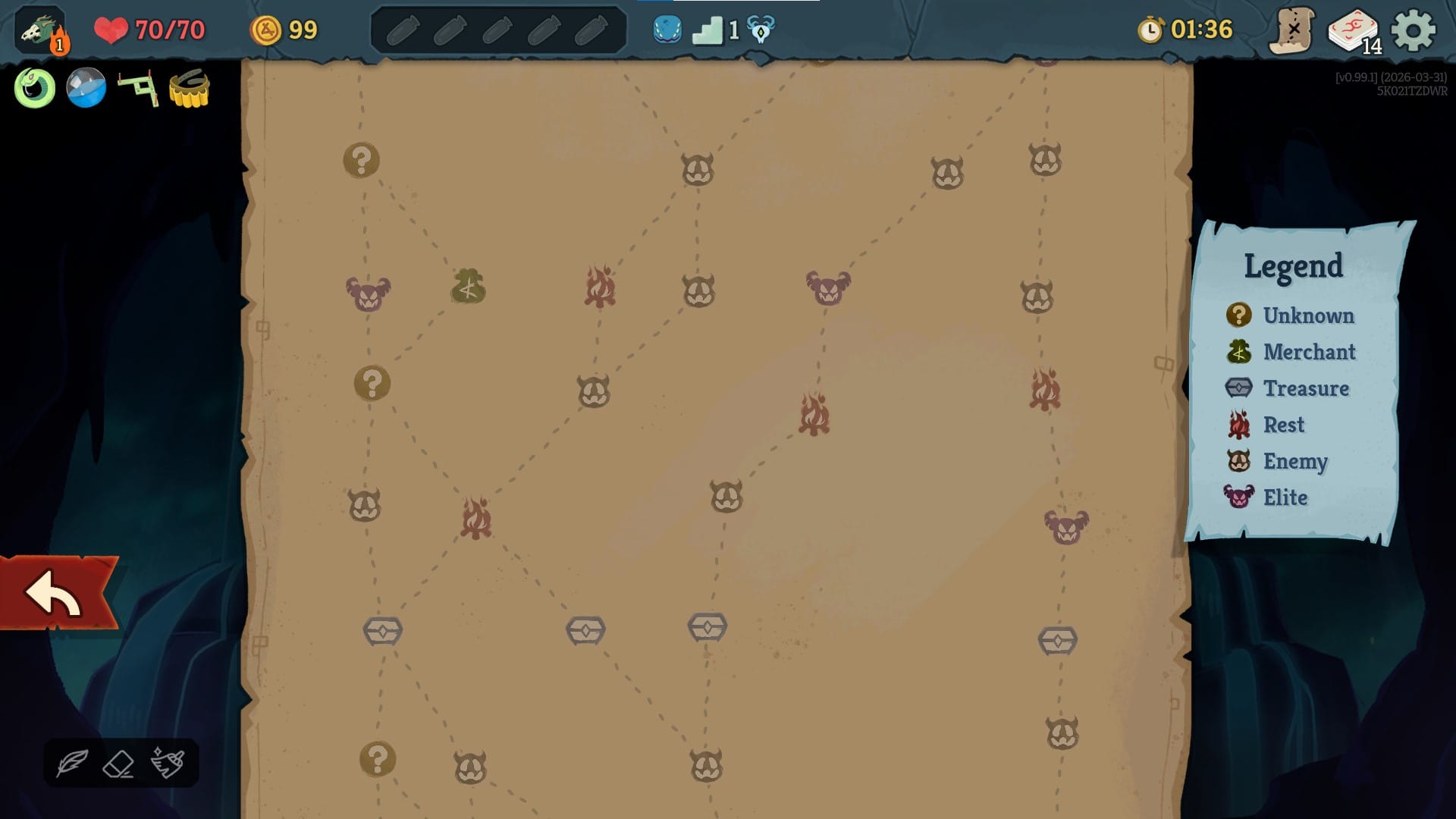 A screenshot of the map screen from the game Slay the Spire. The map shows a branching path of nodes connected by dotted lines, including icons for unknown encounters, merchants, treasure chests, rest sites, regular enemies, and elite enemies. On the right side, a legend explains each icon type. The left side is a rigid path with no choice while the right side paths are flexible.