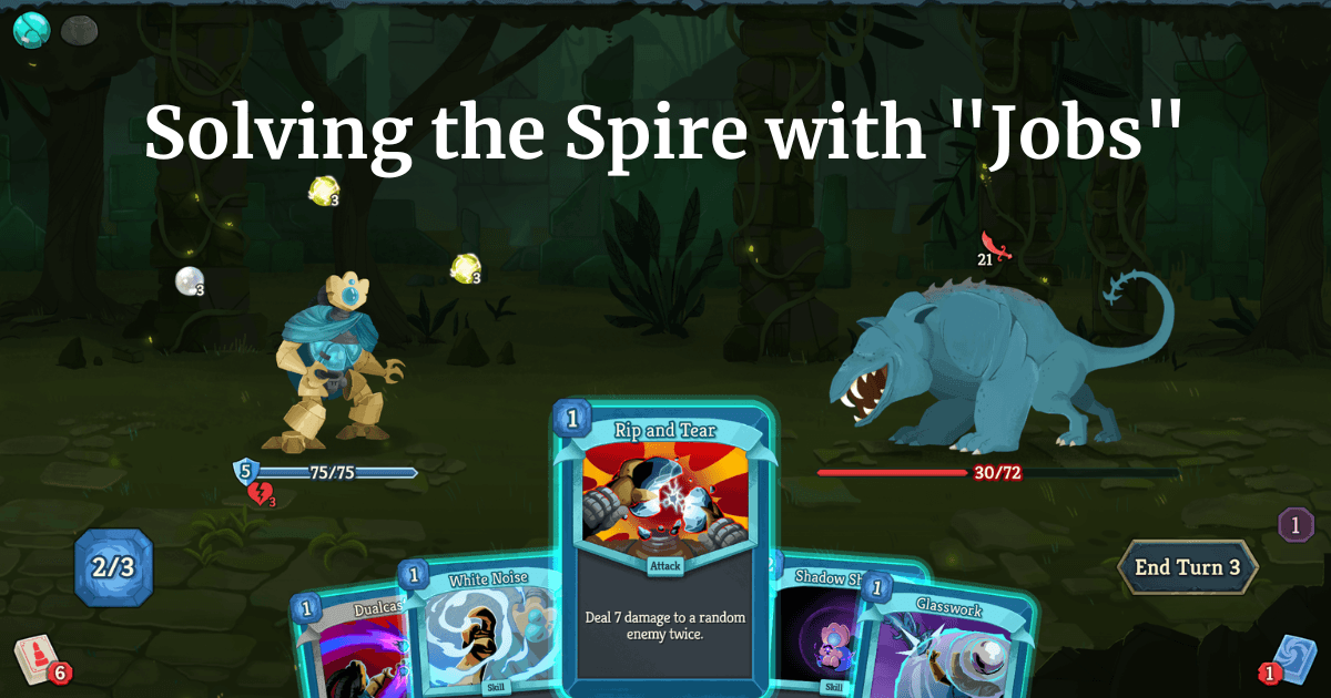 A Slay the Spire gameplay screenshot of a player fighting the Gremlin Nob, illustrating the need for frontloaded damage in early deckbuilding.