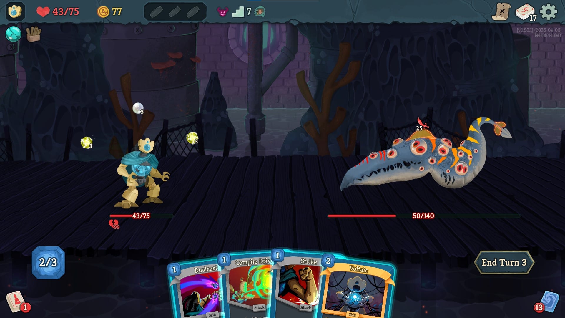Slay the Spire 2 Defect in combat with two Lightning Orbs channeled, facing an enemy with Dualcast, Compile Driver, Strike, and Voltaic in hand