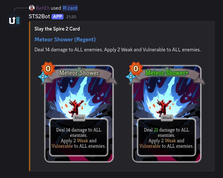 The Untapped.gg STS2Bot Discord Bot for Slay the Spire 2, showing the /card command with Meteor Shower (base and upgraded)