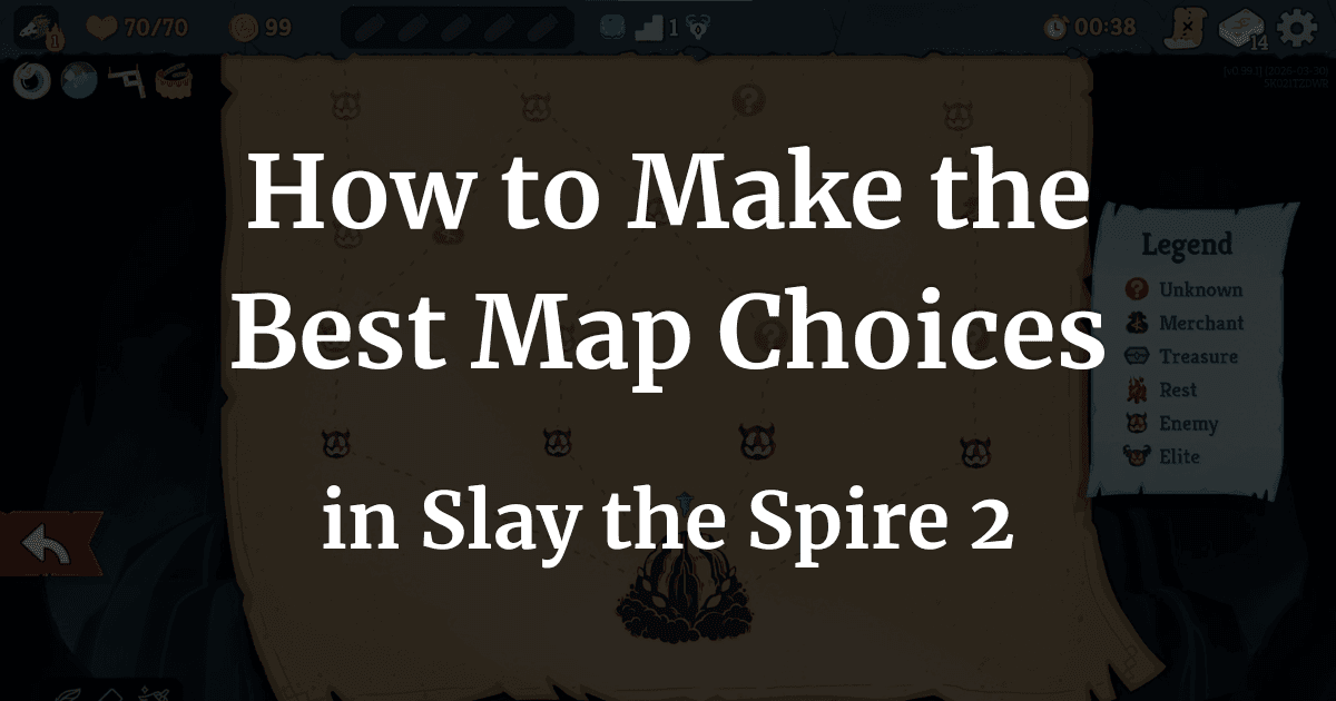 Slay the Spire 2 map screen showing branching paths with the map legend displaying node types including Unknown, Merchant, Treasure, Rest, Enemy and Elite encounters