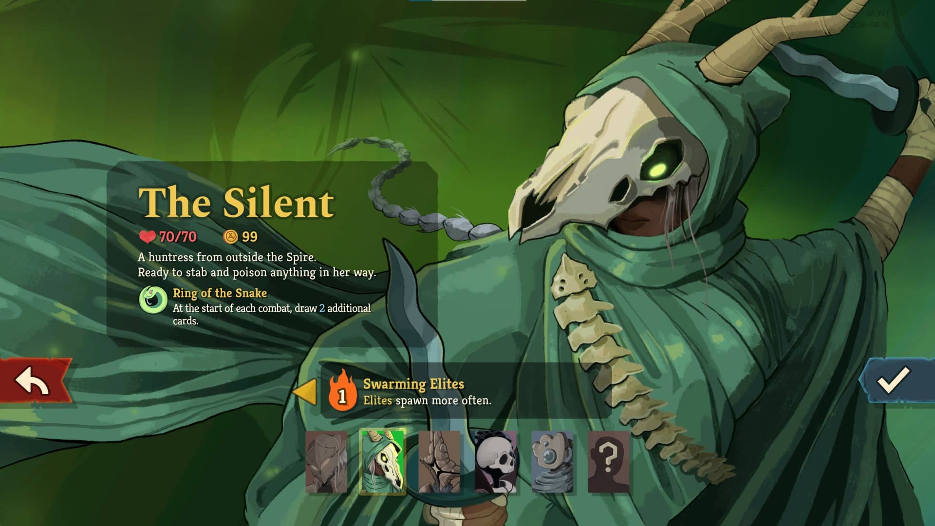 "The Silent character selection screen in Slay the Spire 2, showing her 70 HP stat, 99 gold, Ring of the Snake starting relic, and the Swarming Elites Ascension 1 modifier."