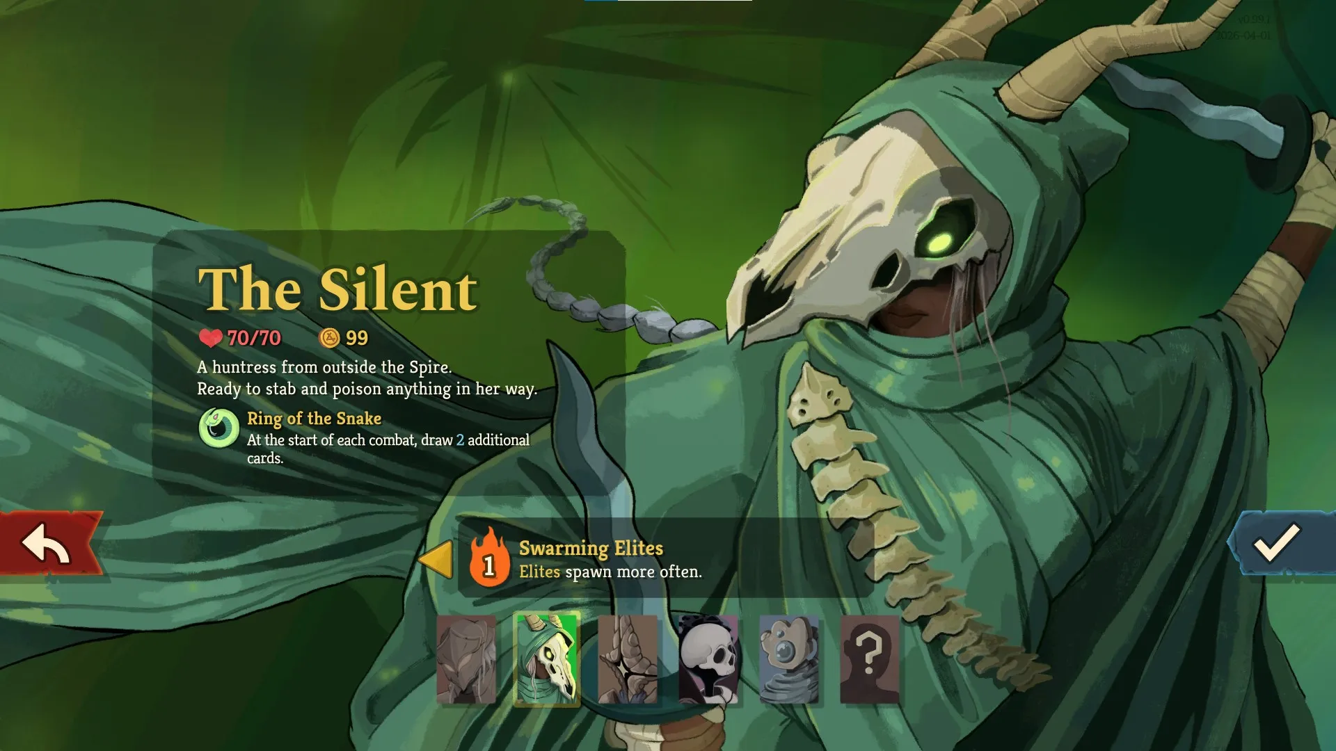 "The Silent character selection screen in Slay the Spire 2, showing her 70 HP stat, 99 gold, Ring of the Snake starting relic, and the Swarming Elites Ascension 1 modifier."
