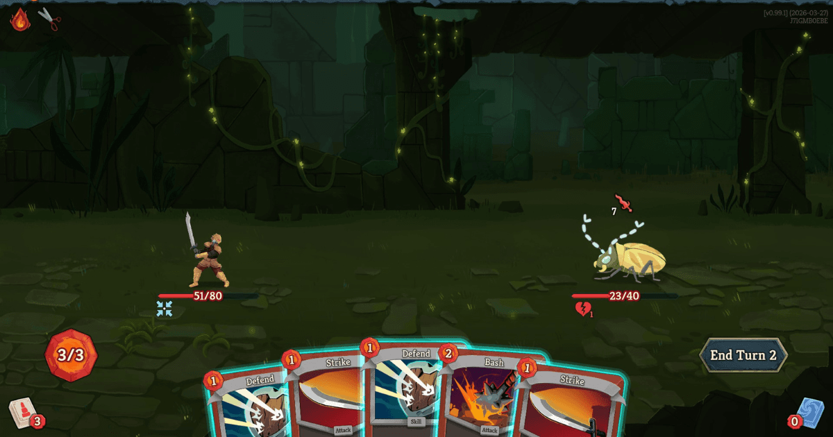 The Ironclad in combat against a bug enemy in Slay the Spire 2, showing a hand of Defend, Strike, Defend, Bash, and Strike cards with 3 Energy available on Turn 2.