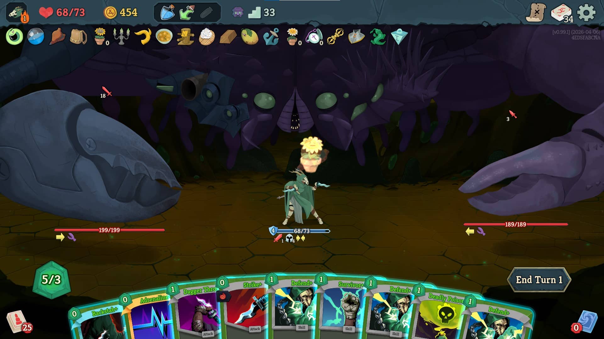 A Silent player facing a Skulking Colony enemy in Slay the Spire 2, with a hand full of upgraded cards including Backstab, Backflip, Defend, Ricochet, Neutralize, Haze, Adrenaline, Abrasive, and Strike on Turn 1