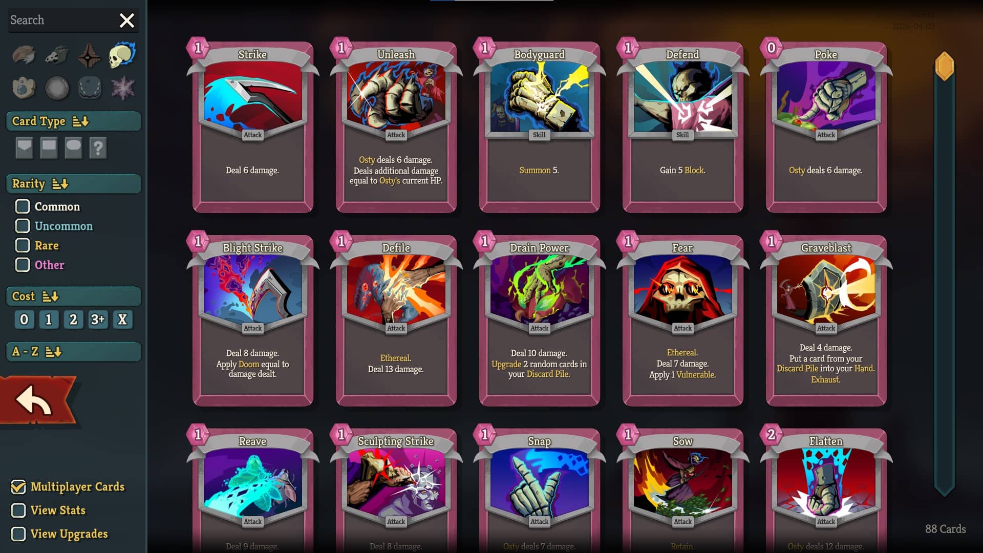 Slay the Spire 2 compendium page showing off the first set of Necrobinder cards