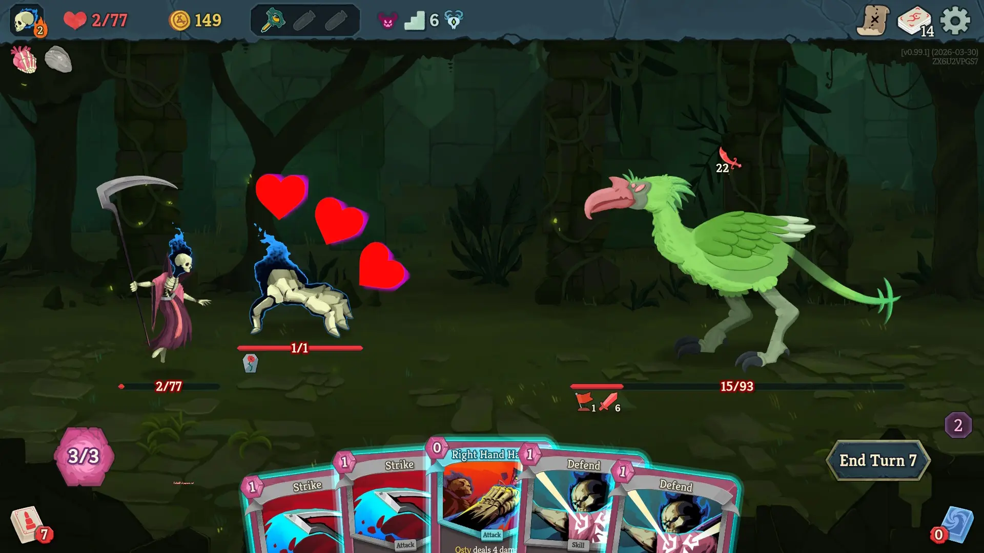 Slay the Spire 2 screenshot showing the Necrobinder and her minion Osty in combat, with floating hearts edited over the scene. Text overlay reads 'Why I love Osty and why Osty loves me back.