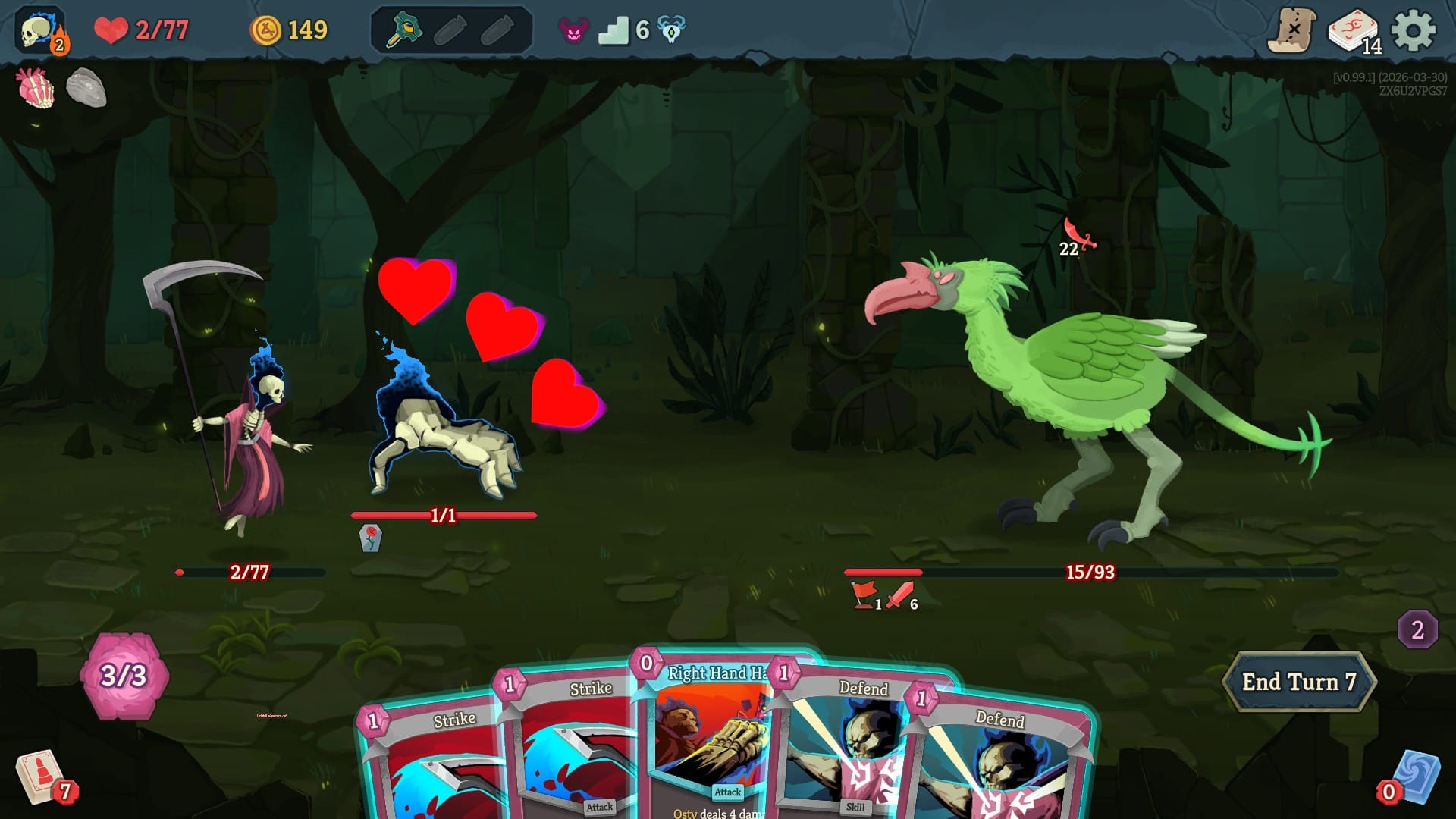 Slay the Spire 2 screenshot showing the Necrobinder and her minion Osty in combat, with floating hearts edited over the scene. Text overlay reads 'Why I love Osty and why Osty loves me back.